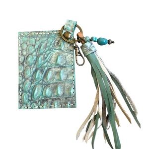 Artisan Handmade Western Southwest Leather Card Holder Turquoise Gator Wallet